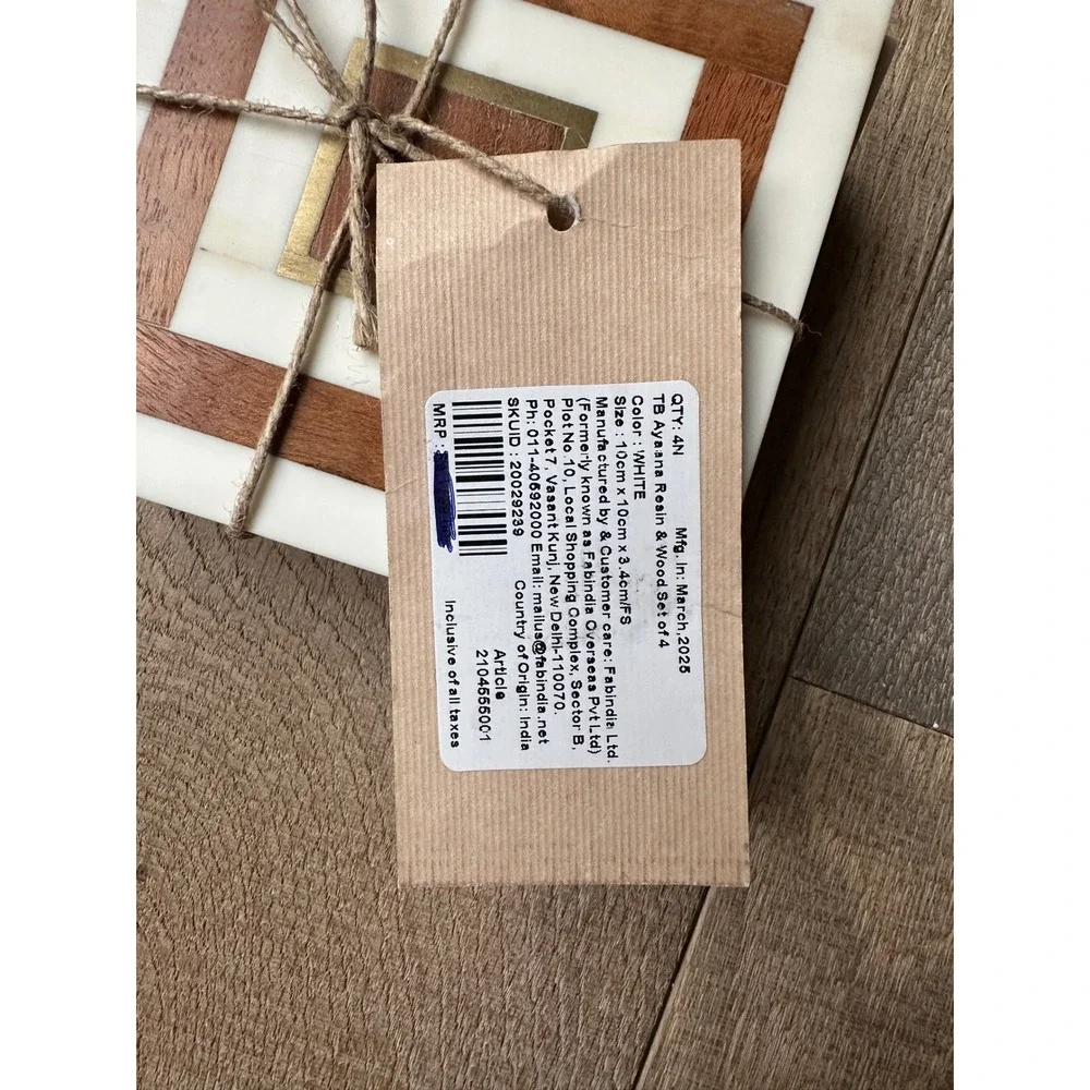 FabIndia FabHOME Ayaana Wood Resin Faux Bone Brass Inlay Coasters Set of 4 White